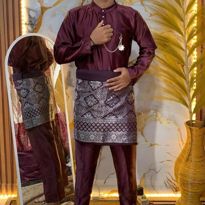 Setelan Baju+Celana+Songket Teluk Belanga Cekak Musang MelayuMalaysia Satin Premium Adat Melayu Pria
