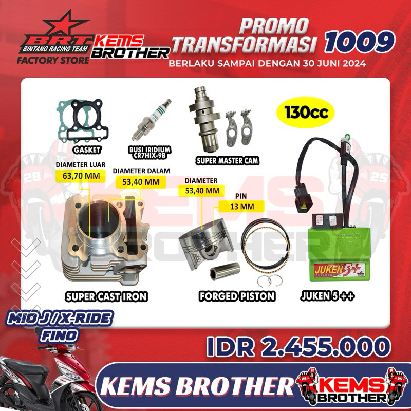 PAKET BLOK BRT CASTING IRON BOREUP 130CC 155CC MIO J XRIDE FINO HEMAT 3 (BLOK PISTON FORGED NOKEN AS