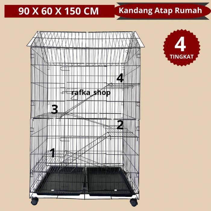 KANDANG KUCING JUMBO 4 TINGKAT + RODA EXTRA JUMBO +  BONUS TEMPAT MAKAN KUCING - Hitam