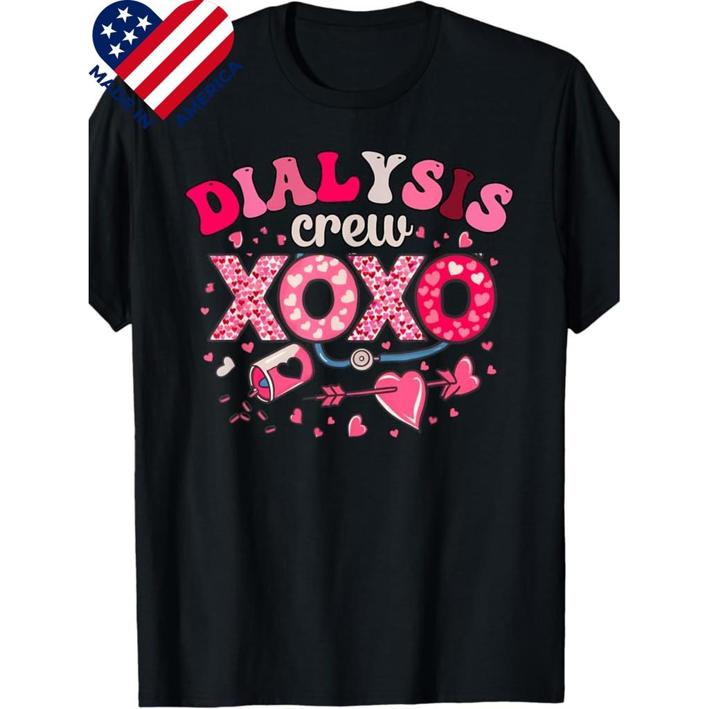 Kaos Hari Valentine Perawat Dialisis Katun Buatan AS 180g - Hati & Bintang Medis Hitam Pink, Kaos Le