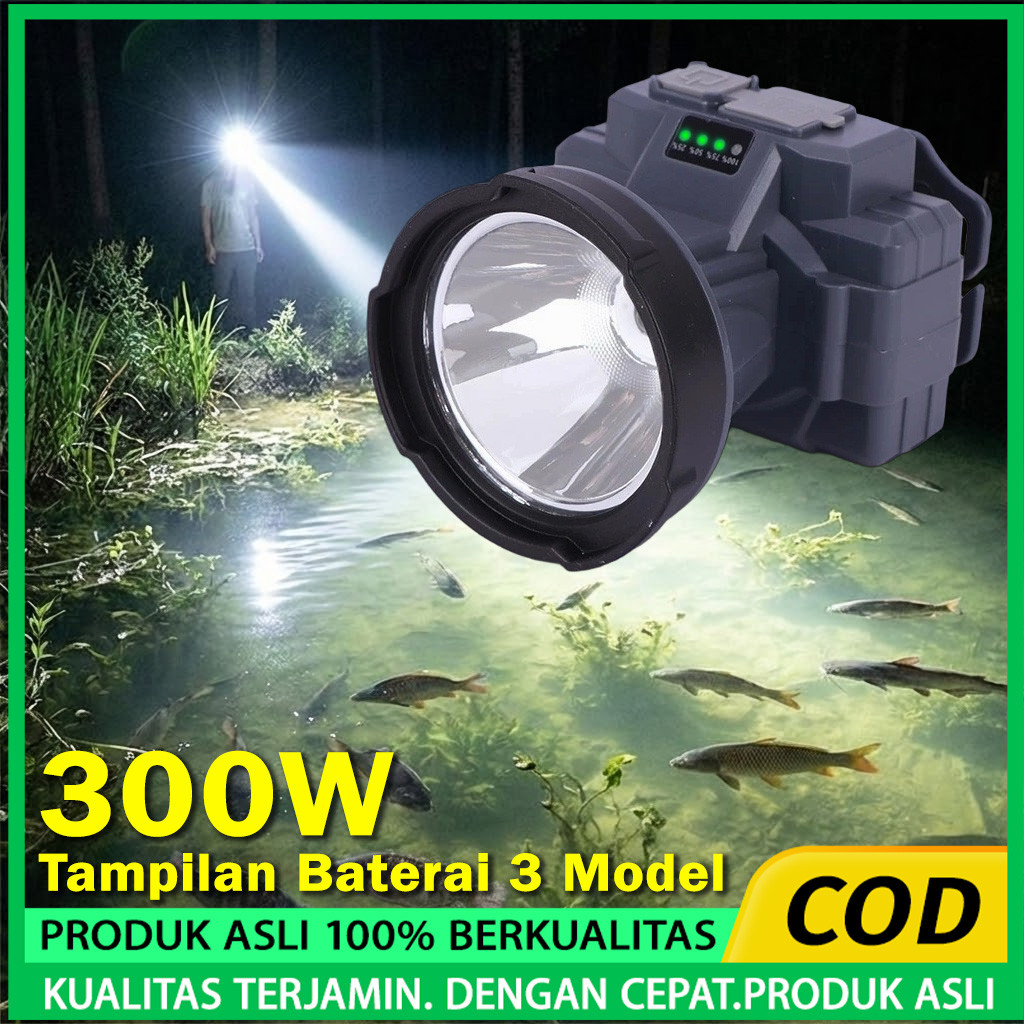 Senter Kepala 300W Jarak 500M Super Terang Headlamp LED Type-C Baterai 1800mAh. Senter Kepala Cas SN