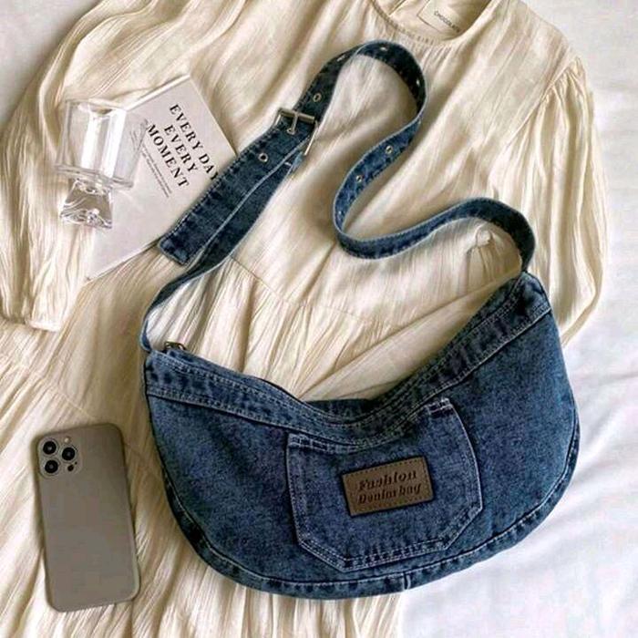tas selempang denim 3136 tas bahu wanita tas kanvas - biru tua
