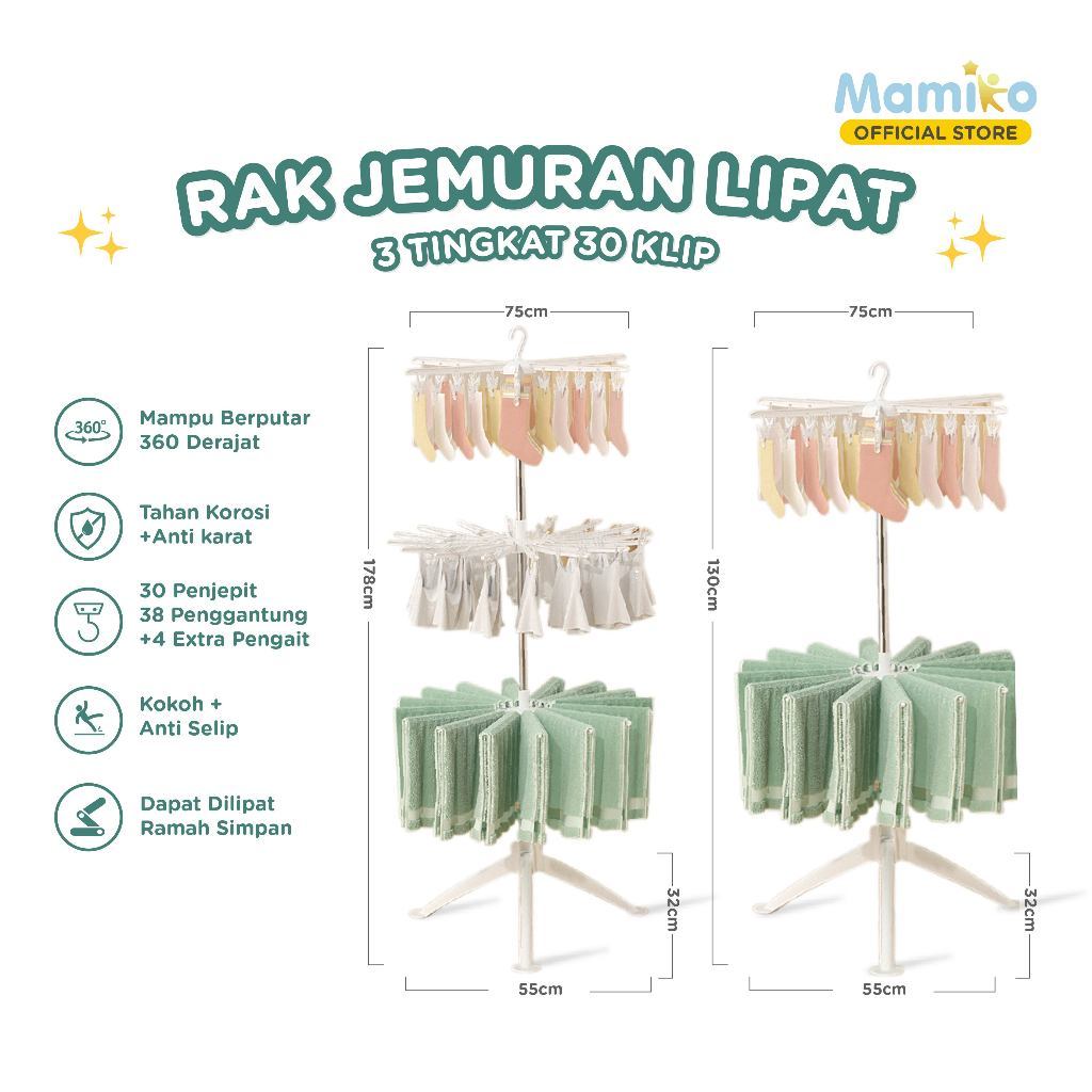 Mamiko Rak Jemuran 3 Tingkat 30 Klip | Jemuran Baju Bayi Lipat | Multifunctional Folding Hanger |  M