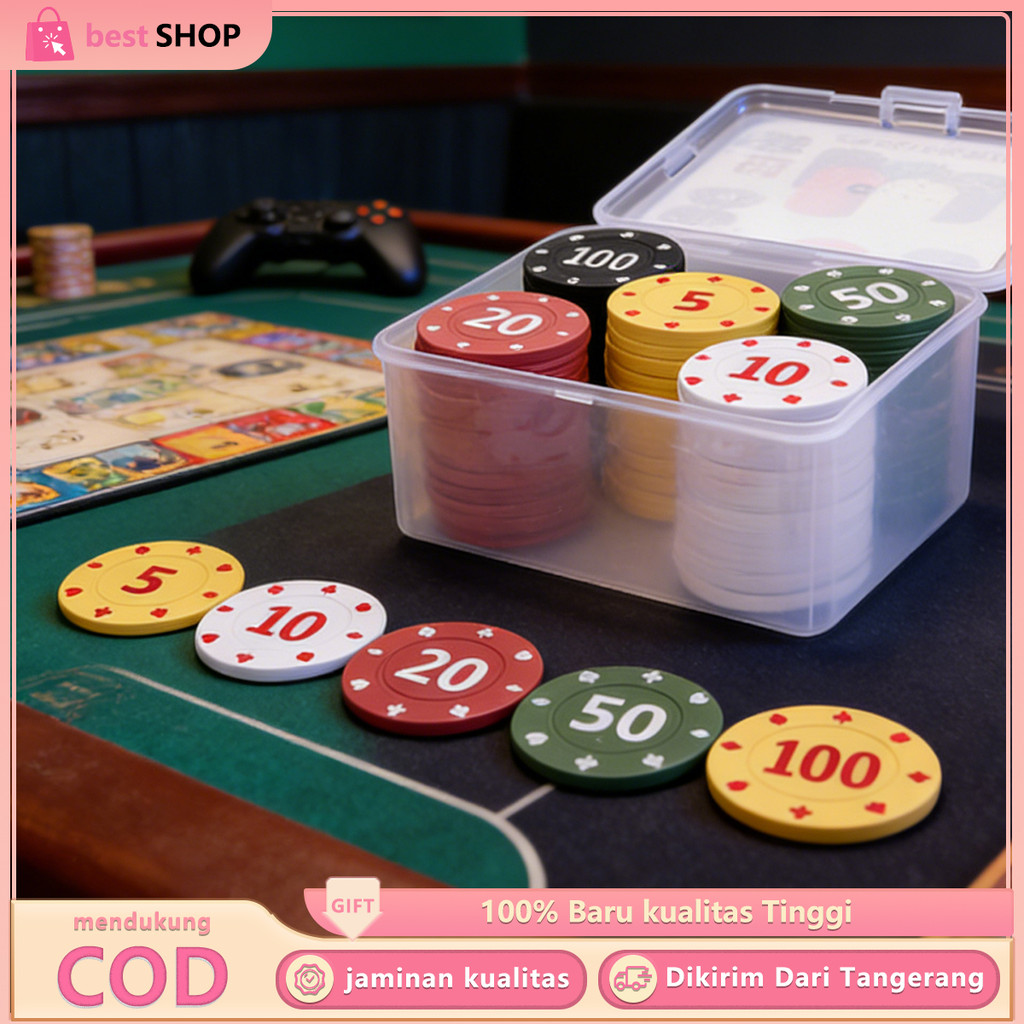 100pcs Set Chip Poker Dengan Kotak Texas Poker Chip Koin 5 10 20 50 100 Premium