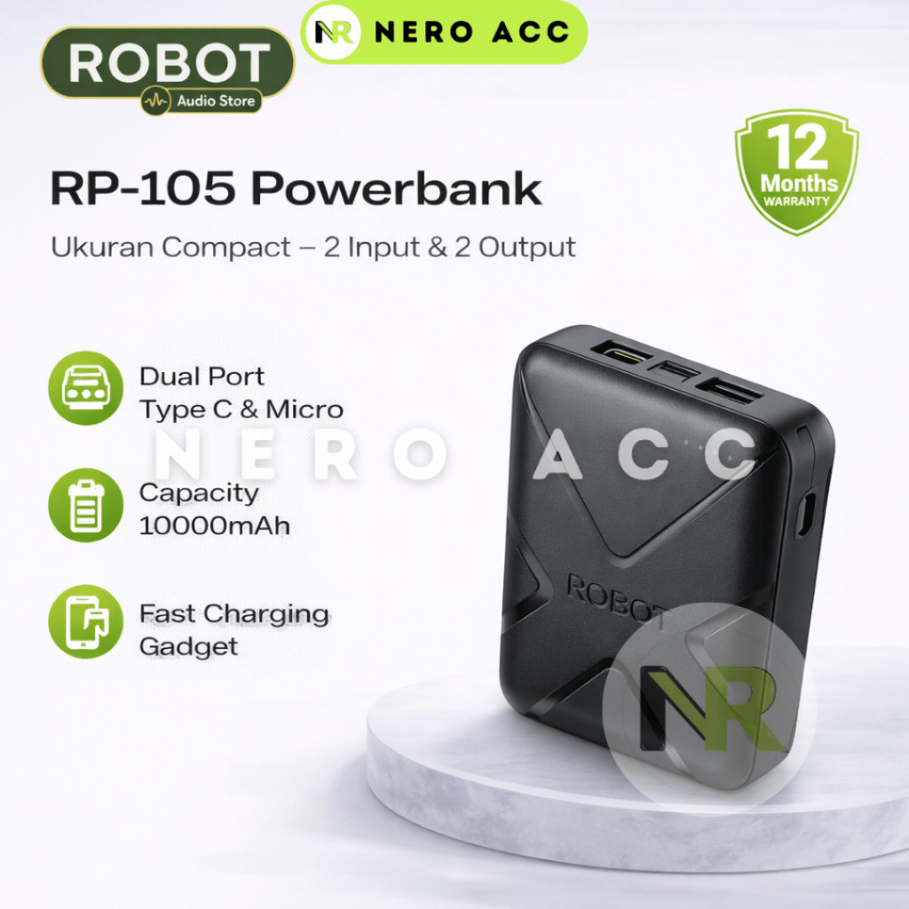 ROBOT Powerbank Fast Charging RP-105 Baterai 10000mAh with Dual Port Type C Micro Powerbank Iphone P