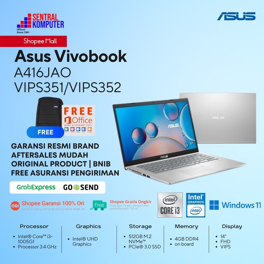 Asus A416JAO-VIPS351/VIPS352 i3-1005G1-4GB-512GB SSD-Win 11+OHS
