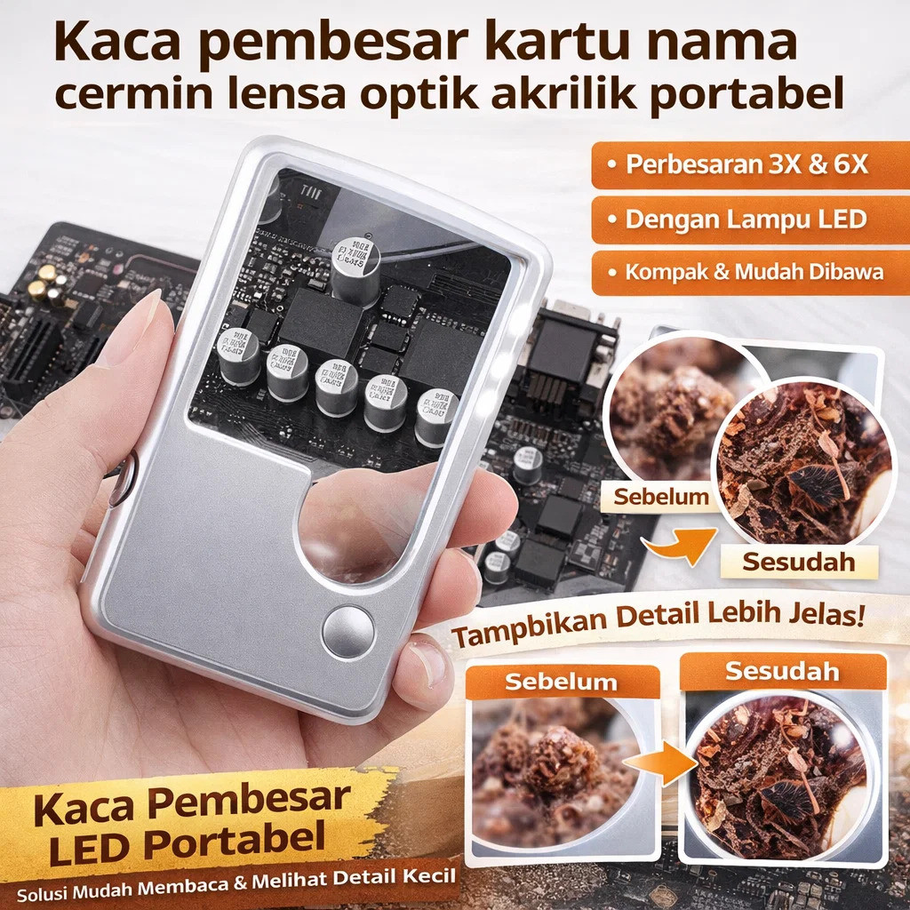 (COD)Super Tipis & LED Terang Kaca Pembesar Kartu Portabel Magnifier 3-6X Dengan Lensa Akrilik Optik