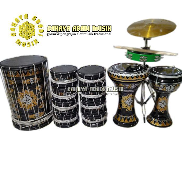 marawis 1 set lengkap komplit 12 alat  polos batik ukir - marawis batik kulit putih