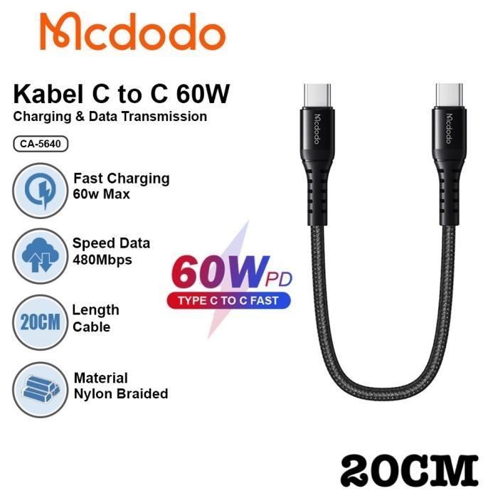 Best Seller Kabel Data Pendek Mcdodo CA-5640 Usb Type-C to Type C 20cm 60W - Hitam 20CM