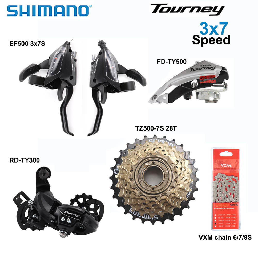 SHIMANO Tourney 3x7 Speed Groupset meliputi EF500 atau M315 Shifter, TY300 Rear Derailleur, TZ500 Ca