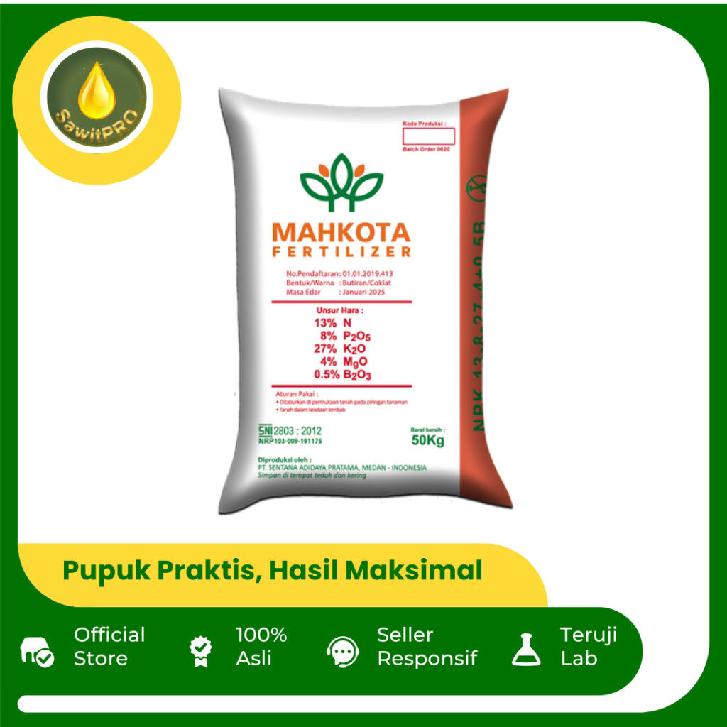 Pupuk NPK Mahkota 13-8-27-4 + 0.5B Ukuran 50 Kg - Pupuk Buah Kalium Tinggi untuk Sawit