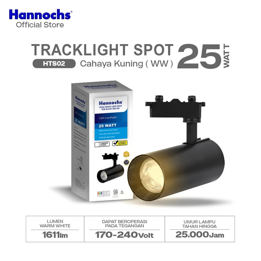 Hannochs Tracklight Lampu Led Sorot Projektor HTS02 body Hitam 25w Cahaya Kuning