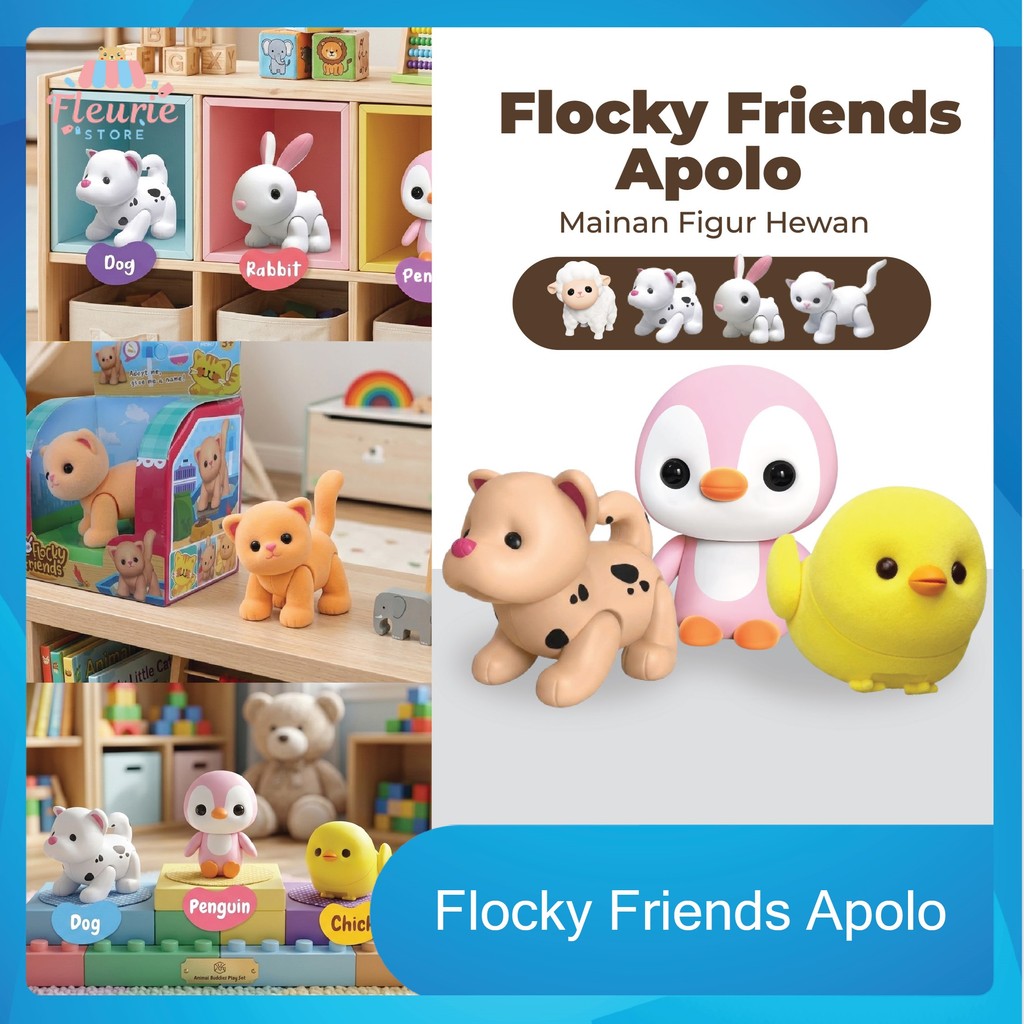 Flocky Friends Apolo - Rabbit / Cat / Dog / Penguin / Chick / Sheep / Mainan Figur Hewan lucu