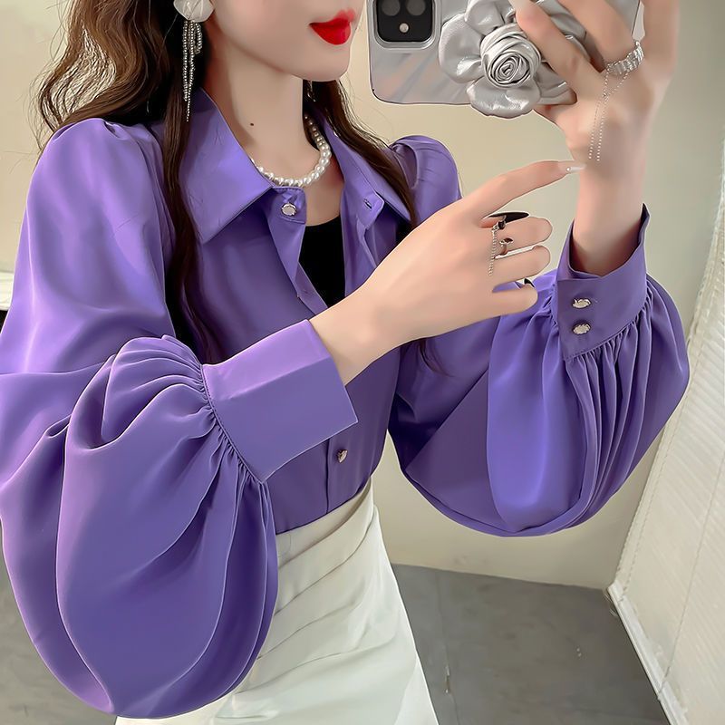 Atasan wanita baru, warna polos, elegan, kemeja sifon berkerah, atasan ukuran besar.