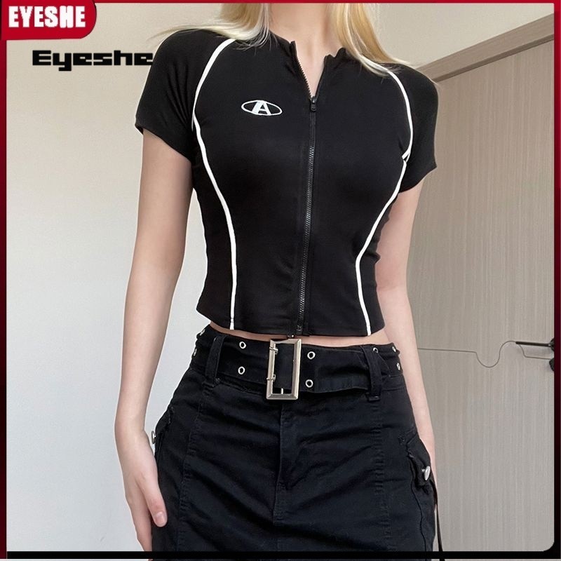 Atasan T-shirt Baju Kaos Resleting Ketat Lengan Pendek Crop Top Y2k Black Wanita Jersey Retro Y2k