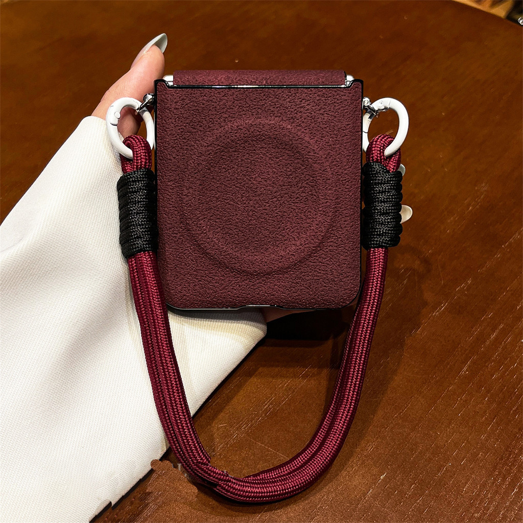 Casing Ponsel Magnetik Pola Lubang Bulan Merah Anggur Korea dengan Tali Portabel untuk Samsung Galax