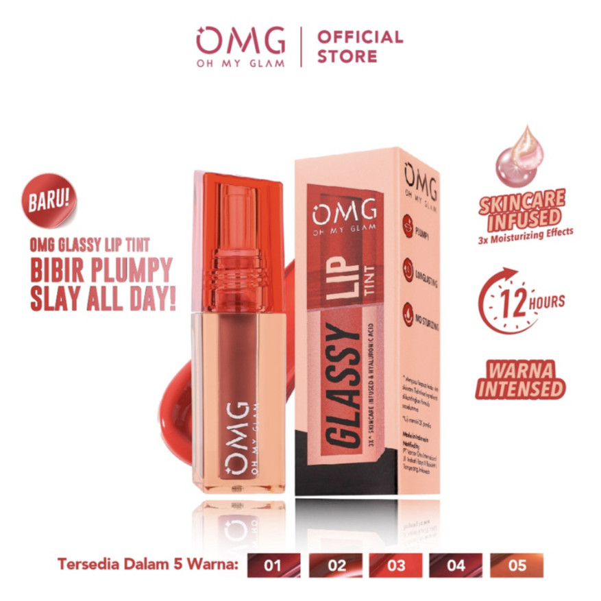 OMG Glassy Lip Tint - Lip Tint Warna Intense Tahan 12 Jam, Skincare Infused