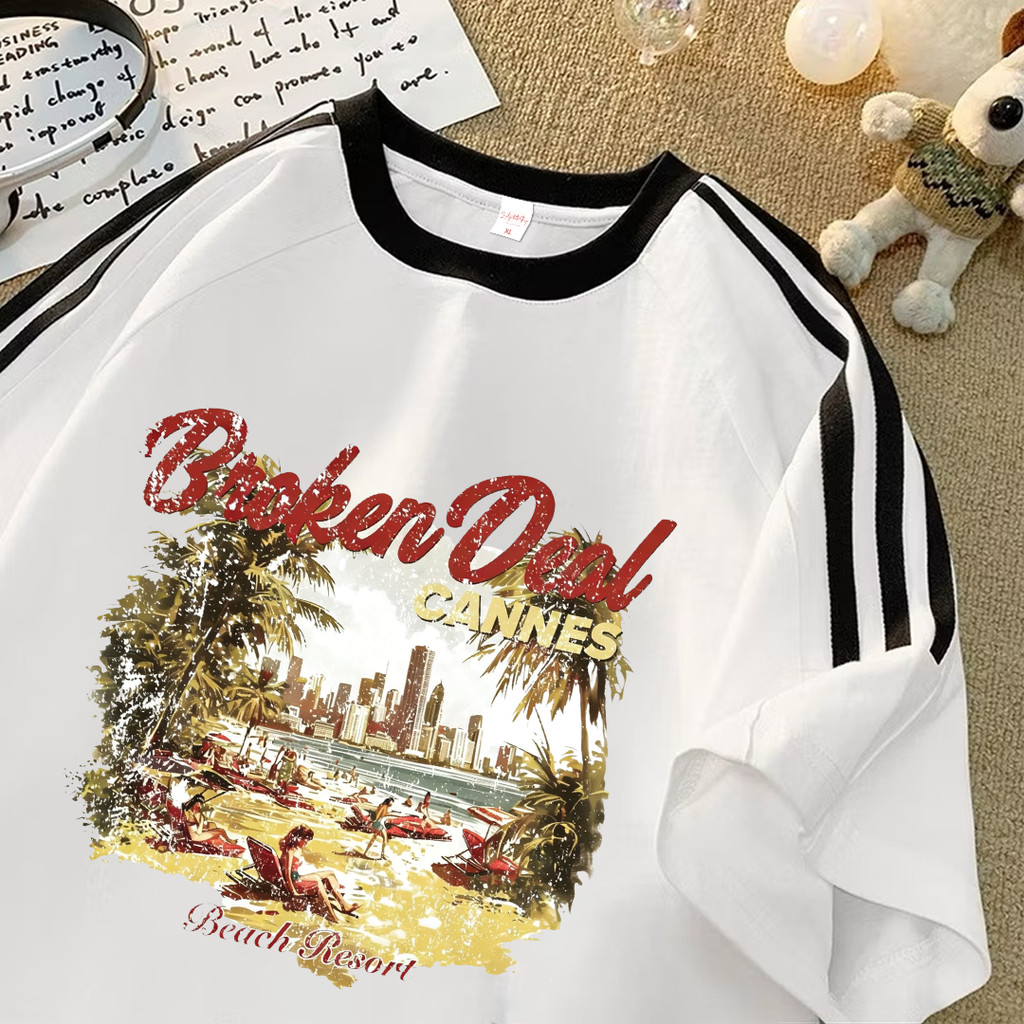 Lucky88k Tshirt Kaos Lengan Pendek Garis Tiga | Broken Coast Paradise | Oversize Unisex | 100% Cotto