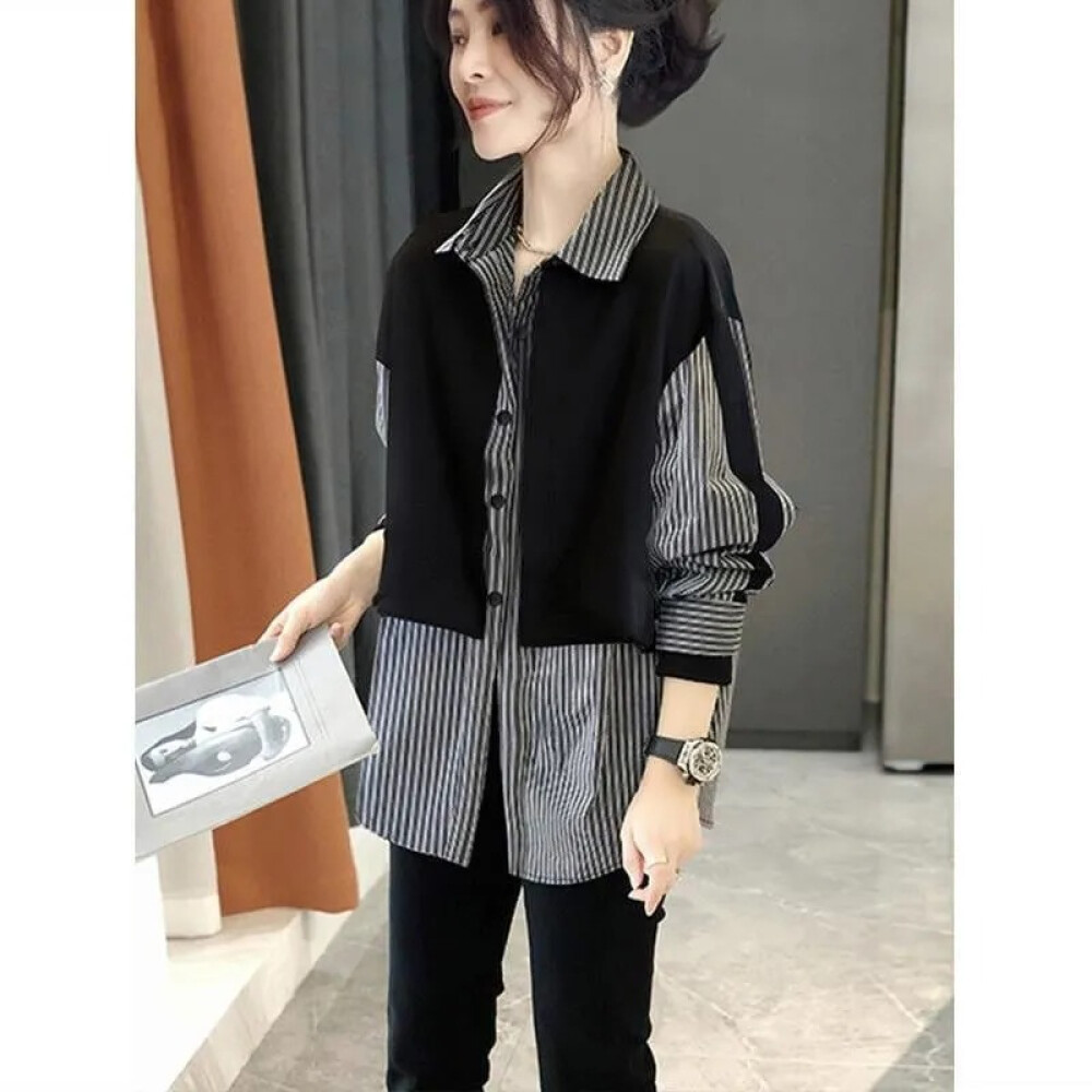 Kemeja Wanita Lengan Panjang | Motif Garis Hitam Putih Patchwork | Original By FADFAD.ID | Model Kek