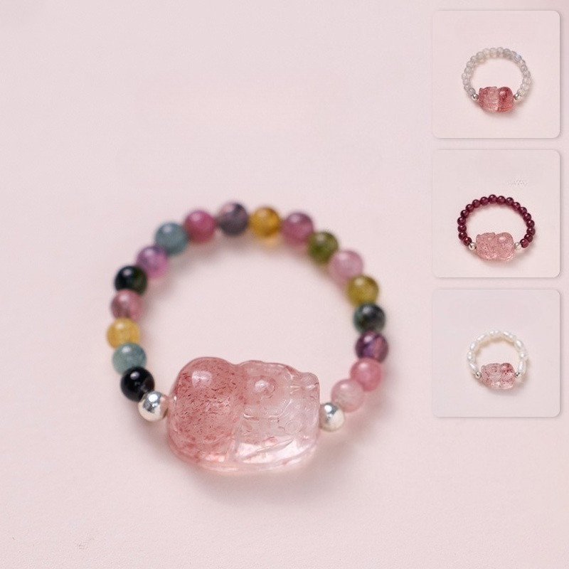 Cincin Pixiu turmalin alami, garnet mutiara air tawar, semoga sukses cincin temperamen bunga persik