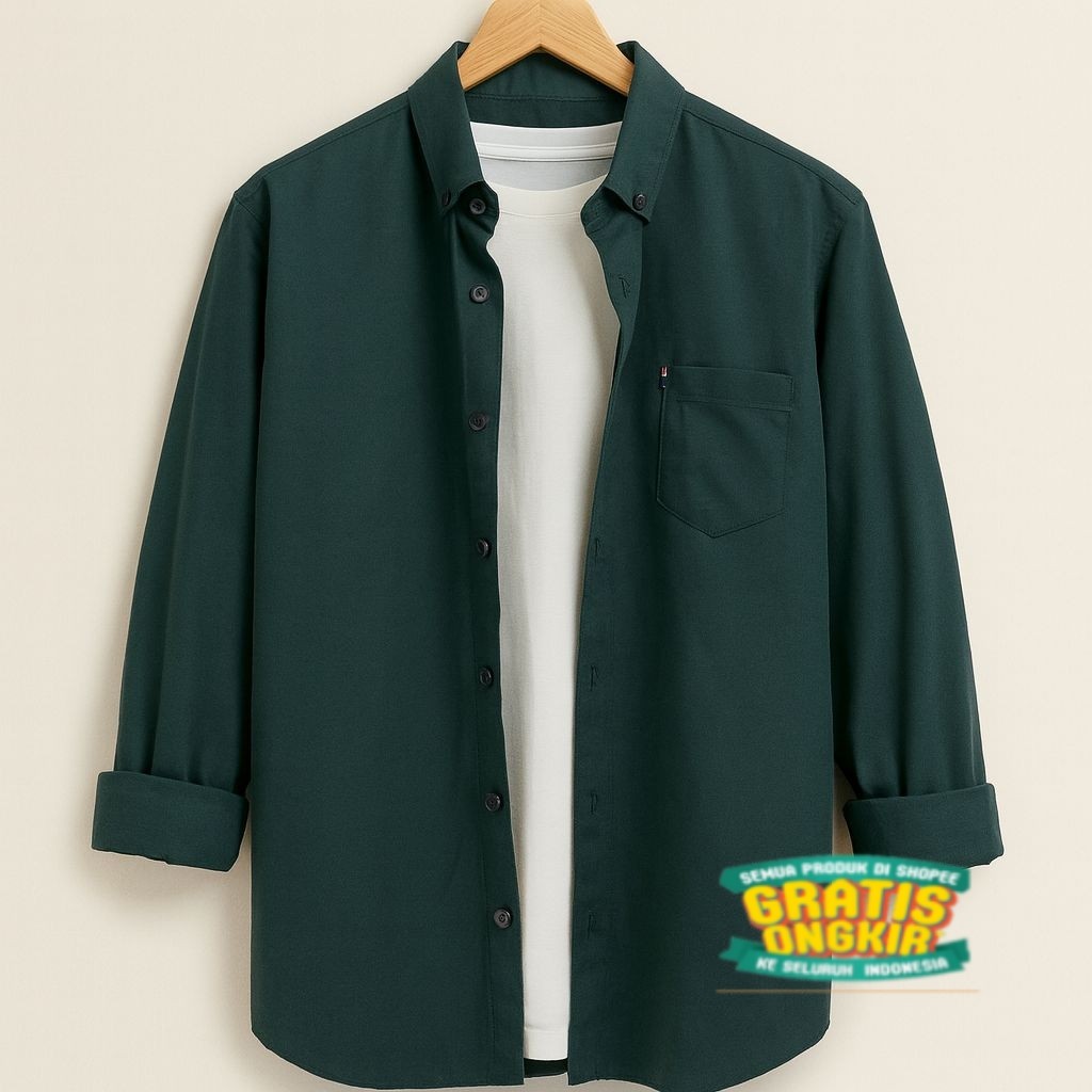 kemeja pria warna emerald green lengan panjang, kemeja emerald pria , kemeja pria polos warna emeral