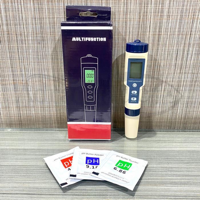 (Mitra ID.Store) 5-IN-1 PENGUKUR TDS pH SALT EC TEMPERATURE METER SALINITY ALAT UKUR KADAR ASAM BASA