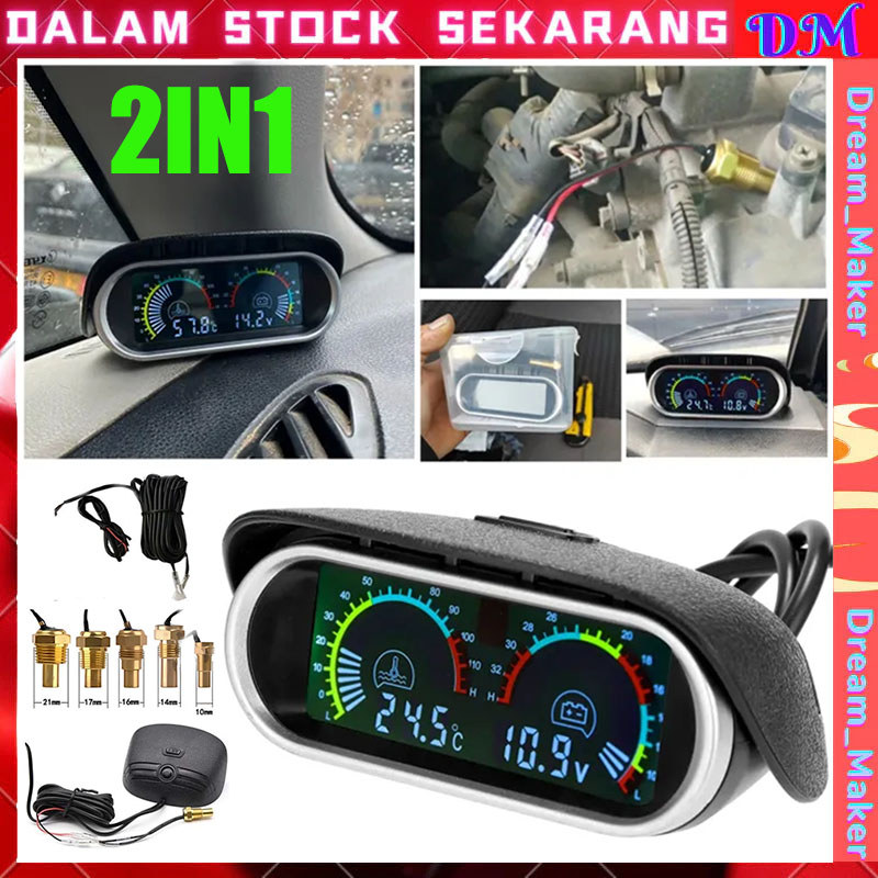 <Tersedia>Voltmeter Universal 2 in 1 12V/24V LCD Motor Mobil Digital Horizontal Gauge Water Temperat