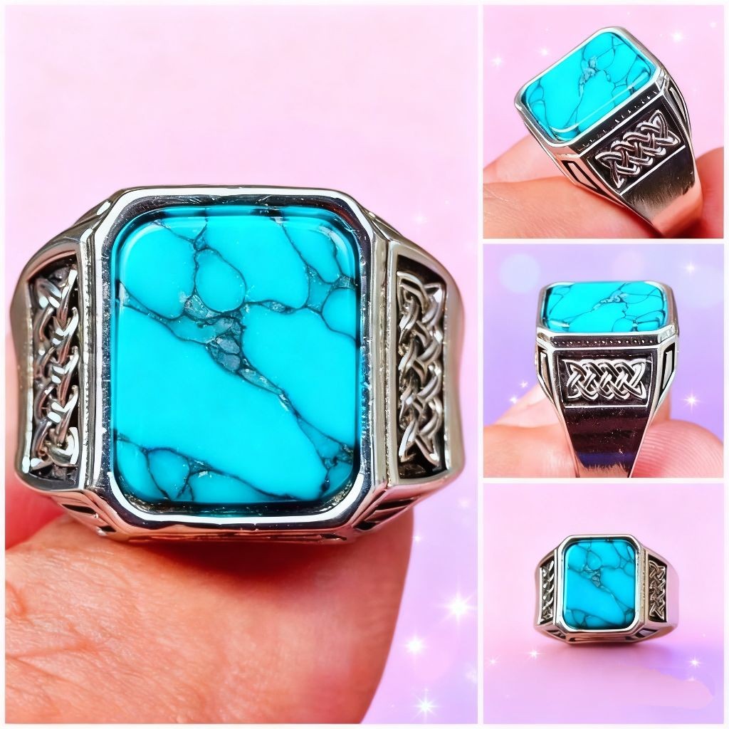 Cincin Batu Akik Pirus Gaya Persia Kotak Ring Perhong 12x10mm Terbaik