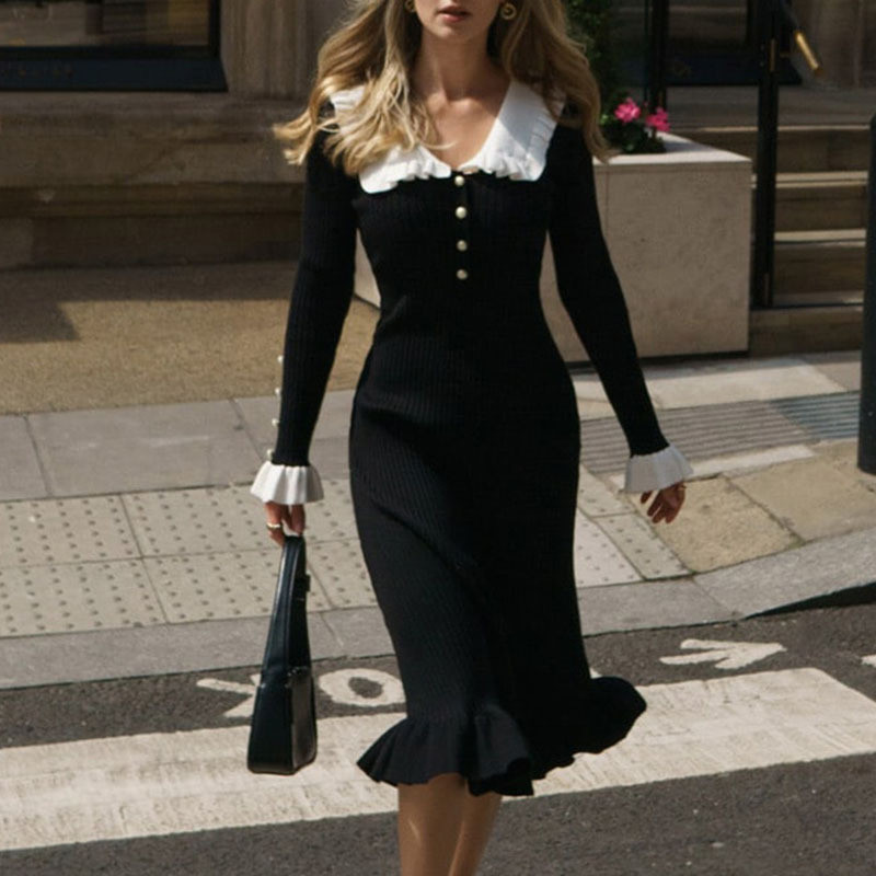 Ruffled Knitted Dress Autumn Winter New Sweater Dress 2023 Vintage Lady European American French Sty