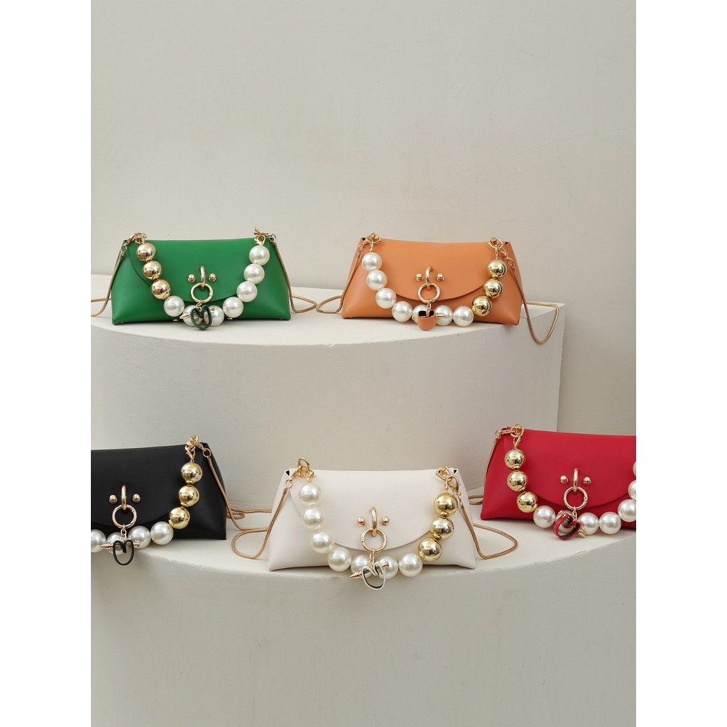 Tas tangan wanita bergaya Korea retro yang terinspirasi dari Chanel, dengan mutiara, dan tas selempa