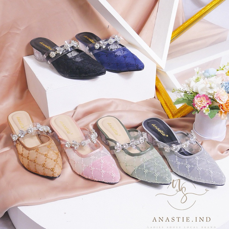 Anastie Amelia - Sendal Wanita | Sendal Pesta |  Heels | Hak kaca 3cm | Mutiara | Brukat | Sendal Wa