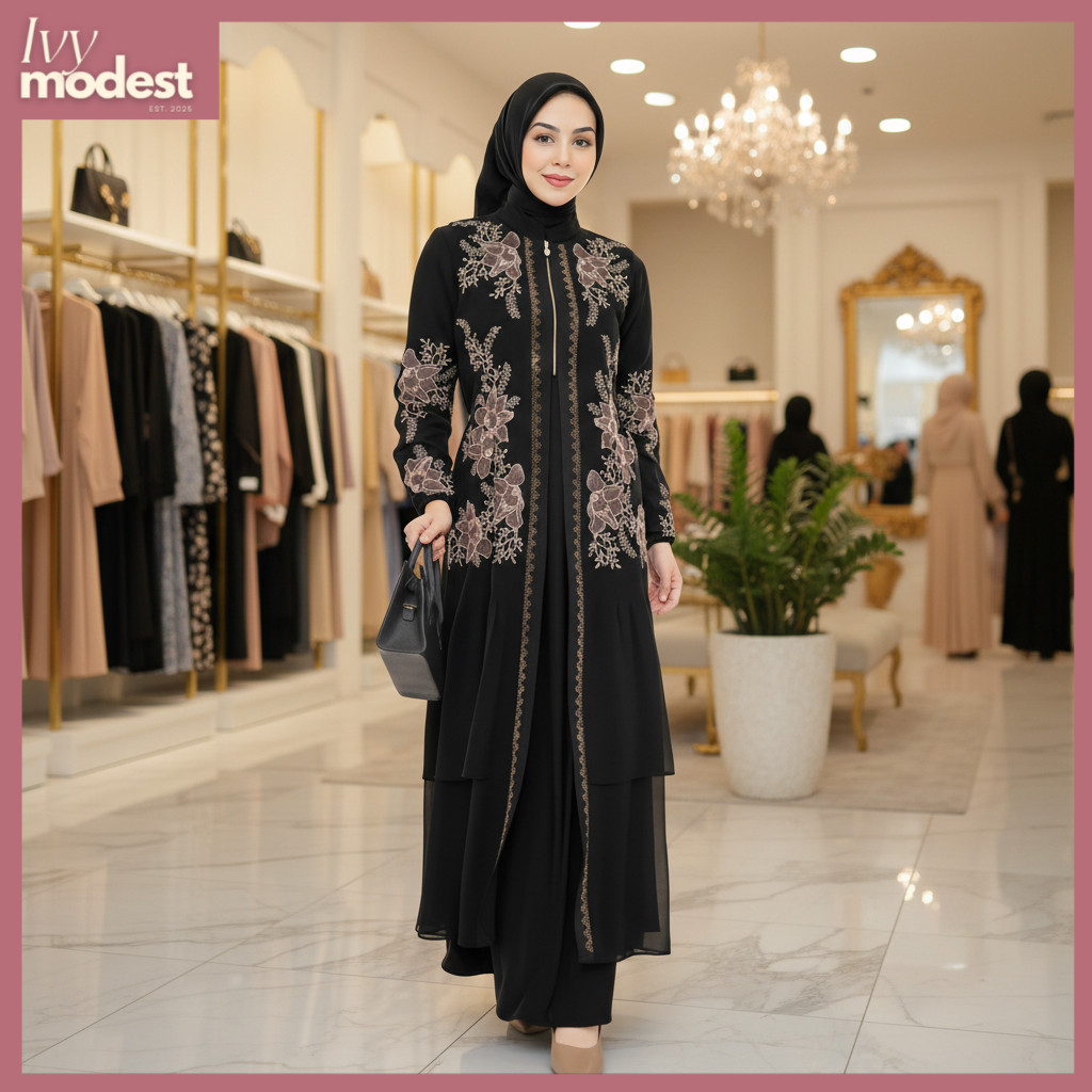 [IVY] Abaya Gamis Dress Kondangan Hitam Gold Mewah Simple Elegan Terbaru 2025 Umroh Lebaran 2026