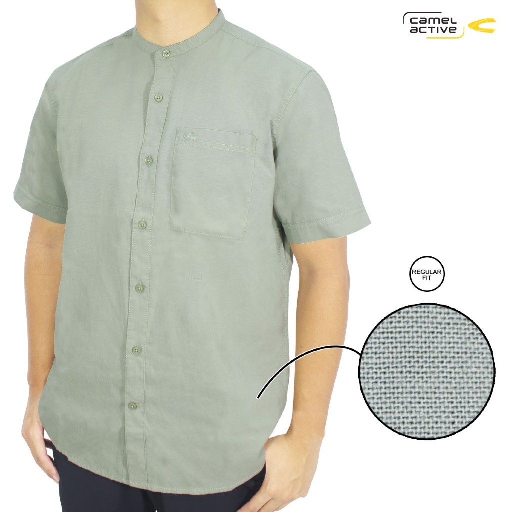 camel active Men's Sage CVC Oxford Henley Short Sleeve Shirt- Kemeja Koko