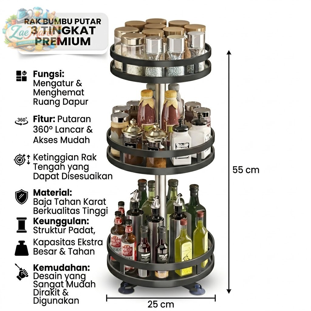 ZAE - Rak Bumbu Berputar 360 Derajat Rak Bumbu Dapur Rak Dapur Serbaguna Stainless Rotate Kitchen Se