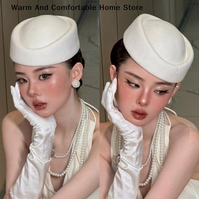 Elegant Beret Hat Women's Caps Airline Stewardess Flight Attent Vintage Hat Black Flat Top Hat Wedng