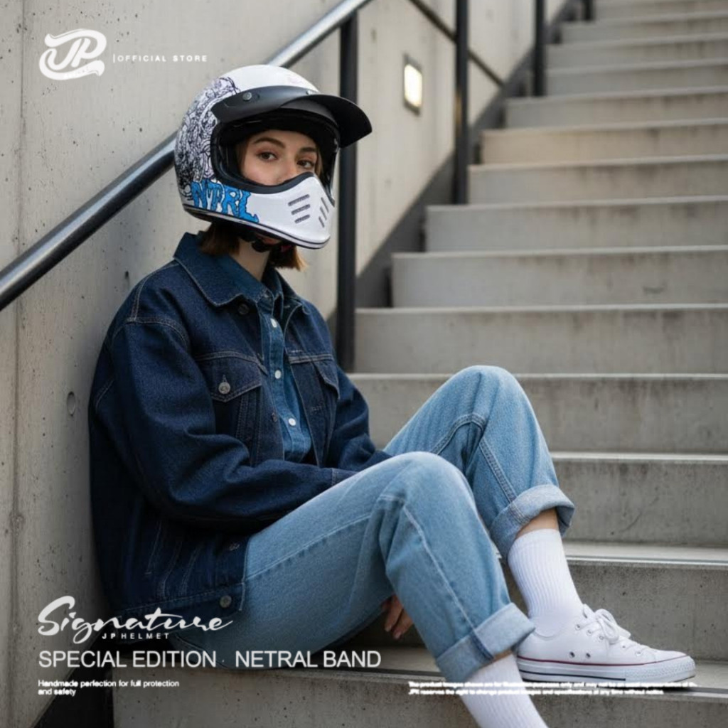 Helm Full Face Pria Wanita Retro Cakil Harian Motor Tebal Nyaman SNI DOT JP Retro Signature Netral S