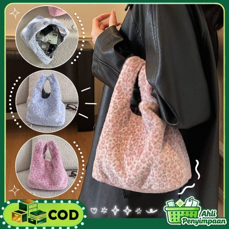 Tas Tangan Motif Macan Tutul Tas Jinjing Berbulu Kapasitas Besar Tas Hati Bulu