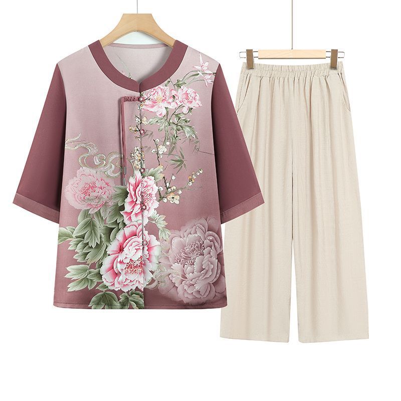Setelan Baju Musim Panas Ibu & Nenek, Blus Gaya China Modern, Atasan & Celana Nyaman untuk Wanita Us