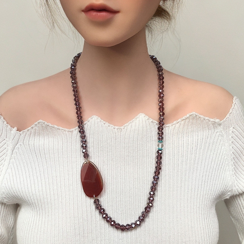 Kalung manik-manik kristal kaca populer di Eropa dan Amerika kalung panjang manik-manik pipih berben