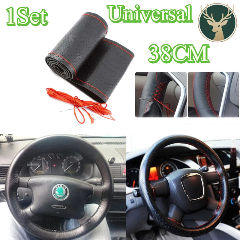 Universal 38cm Sarung Cover Stir Setir Mobil Kulit Asli 100% DIY Dengan Alat Jahit Anti Selip/ Sarun