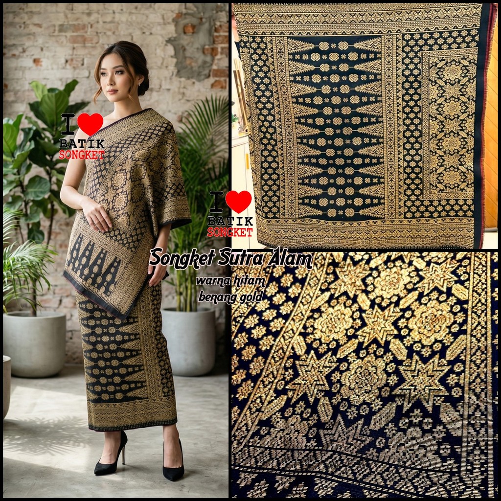 SONGKET SUTRA ALAM MOTIF 8 BENANG EMAS TENUN PALEMBANG MEDAN MINANG LEPUS PENGANTIN HITAM