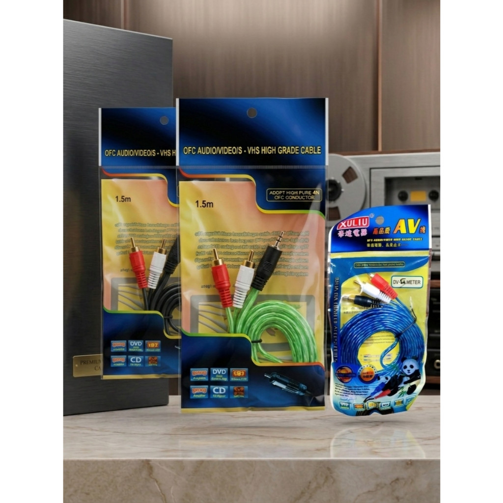 Kabel Audio Jack 3,5MM AUX ke RCA 2 1.5M 3M 5M Meter Cable Warna High Grade 1 to 2 OFC Gold Plated H