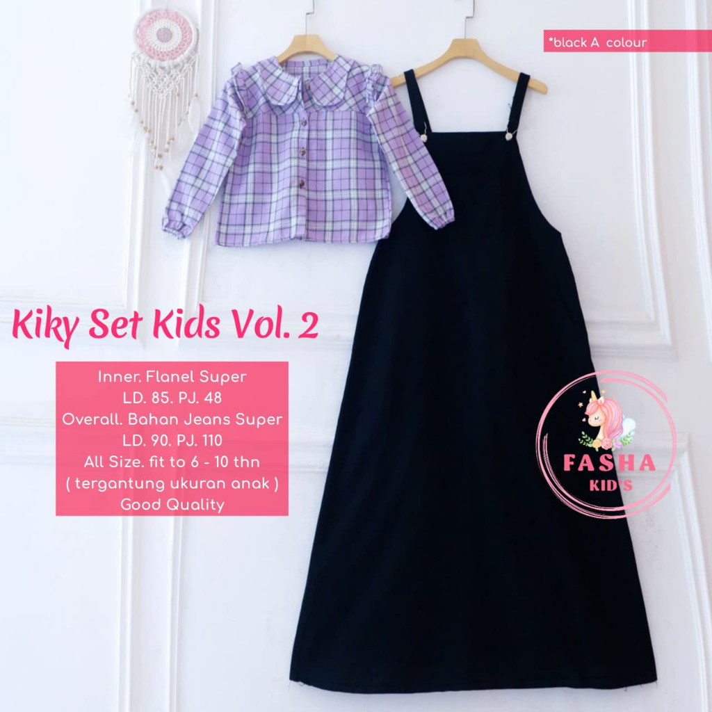 Kiky Set Kids Vol 2 Setelan Overall + Kemeja Flanel Muat Anak Usia 6-10 Tahun Bahan Adem Nyaman Dipa