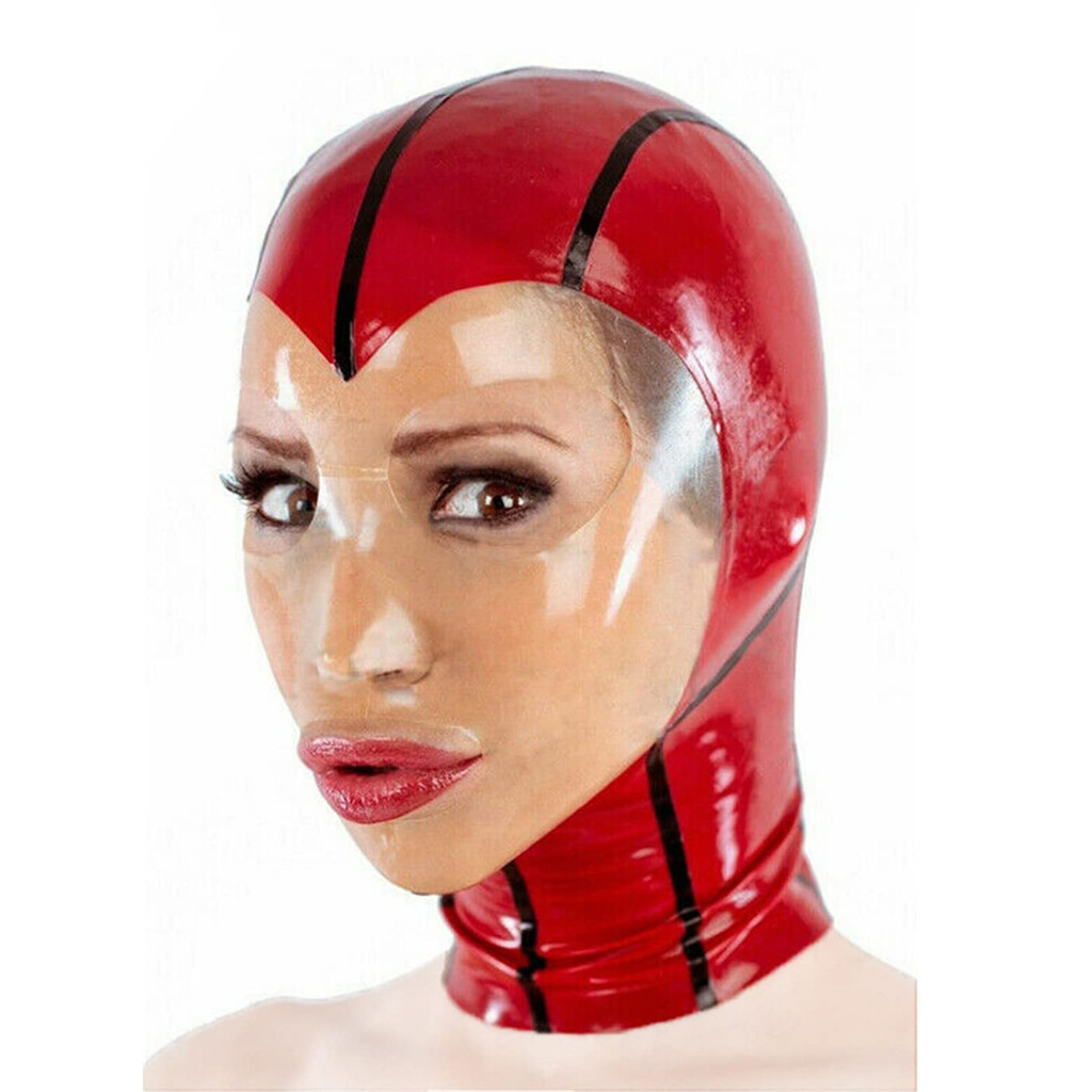 Latex Hood Mask Open Eyes Mouth Back Zipper Red Spliced Transparent Halloween Party Club Wear Mask