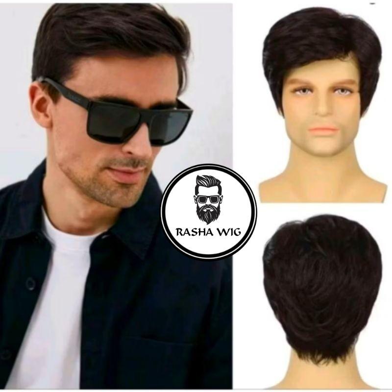 WIG PRIA KOREA STYLE RAMBUT PENDEK BELAH SAMPING WIG RAMBUT PALSU PRIA KEREN GAYA EROPA WIG MURAH RA