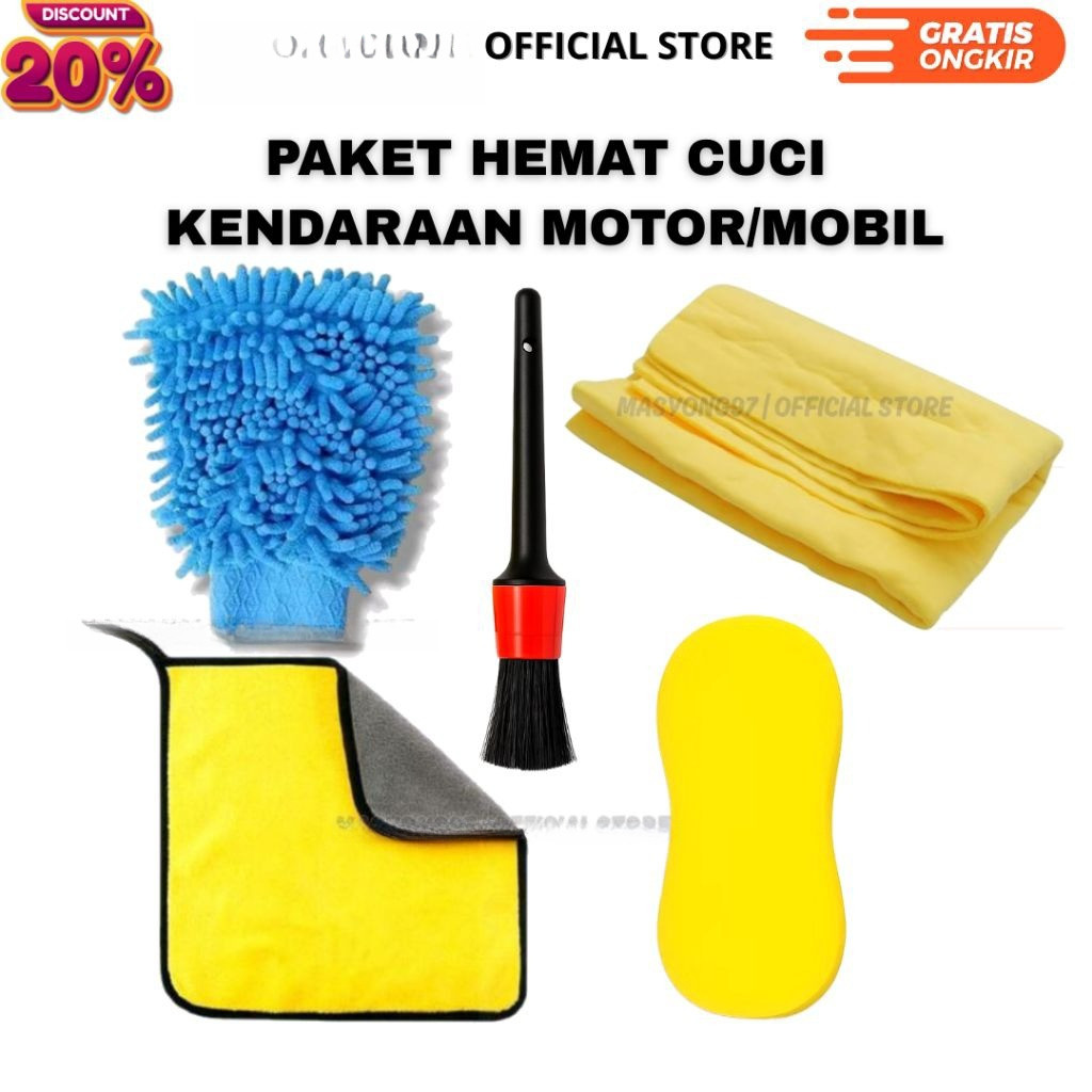 PAKET KUAS DETAILING & LAP MICROFIBER & SARUNG TANGAN CENDOL & KANEBO JUMBO & SPONS PREMIUM