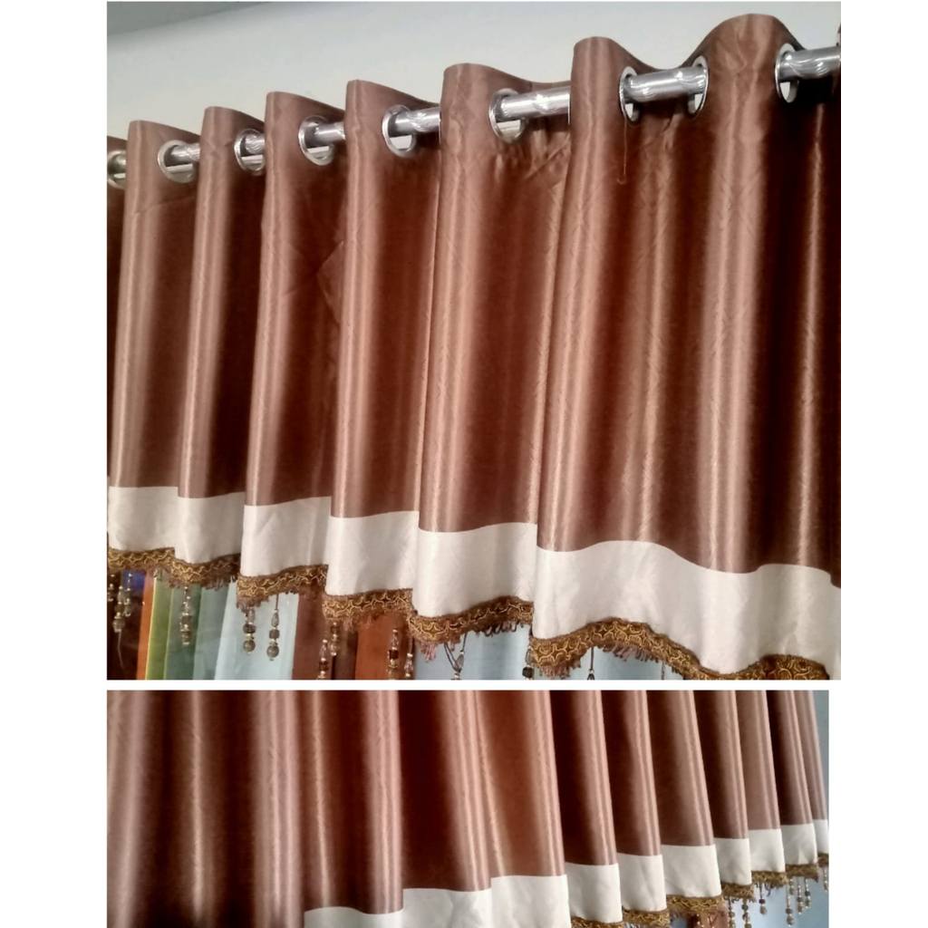 Gorden Jendela Pendek Poni Blackout Pelinting Coklat Atas Pintu Full Aksesories Renda kristal