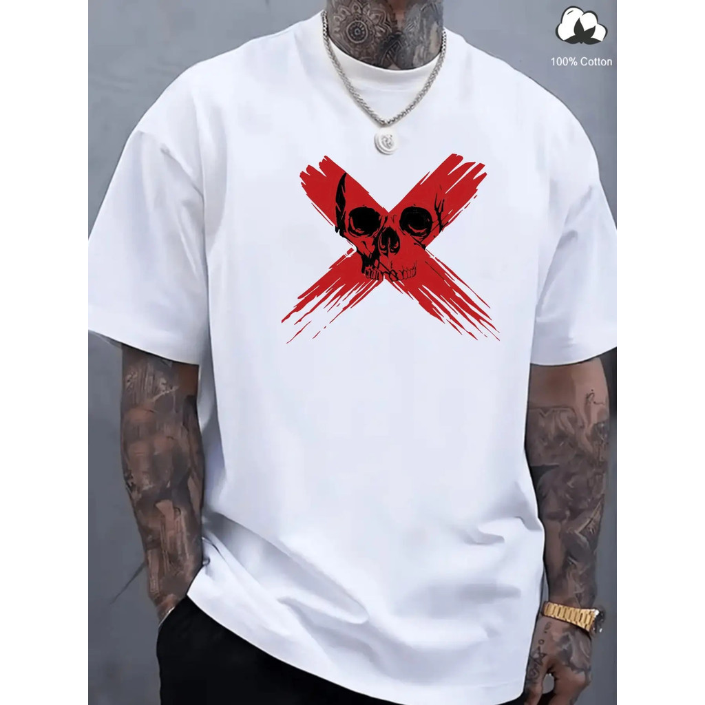 Kaos Grafis Pria Gothic Tengkorak & Simbol Kematian - Kaos Streetwear Edgy dengan Desain Mata Merah 