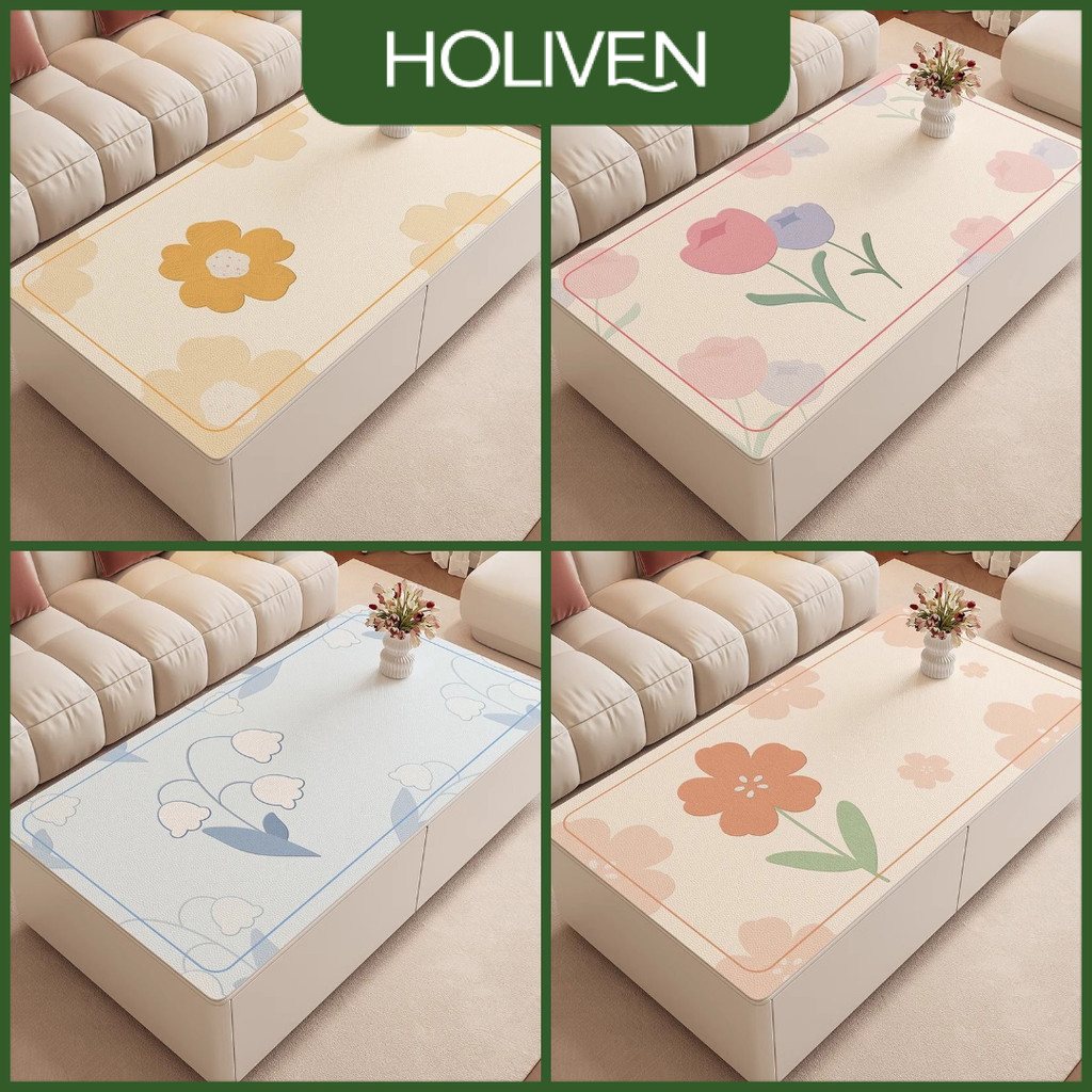 Holiven Alas Meja Tamu PVC Motif Bunga Pastel Minimalis Anti Air Meja Sofa Meja Ruang Tamu