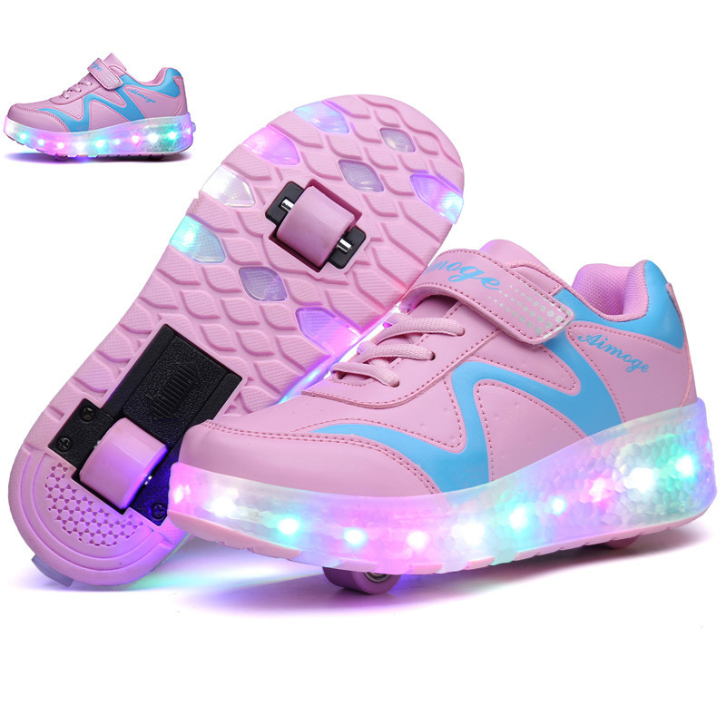GHA Two Wheels Kids Glowing Sneakers With Waterproof LED USB Charging Casual Sports Shoes Light Up B